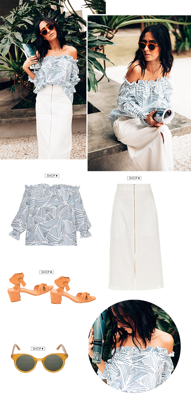 francesca monfrinatti veste look gallerist com top isolda com decote ombro a ombro