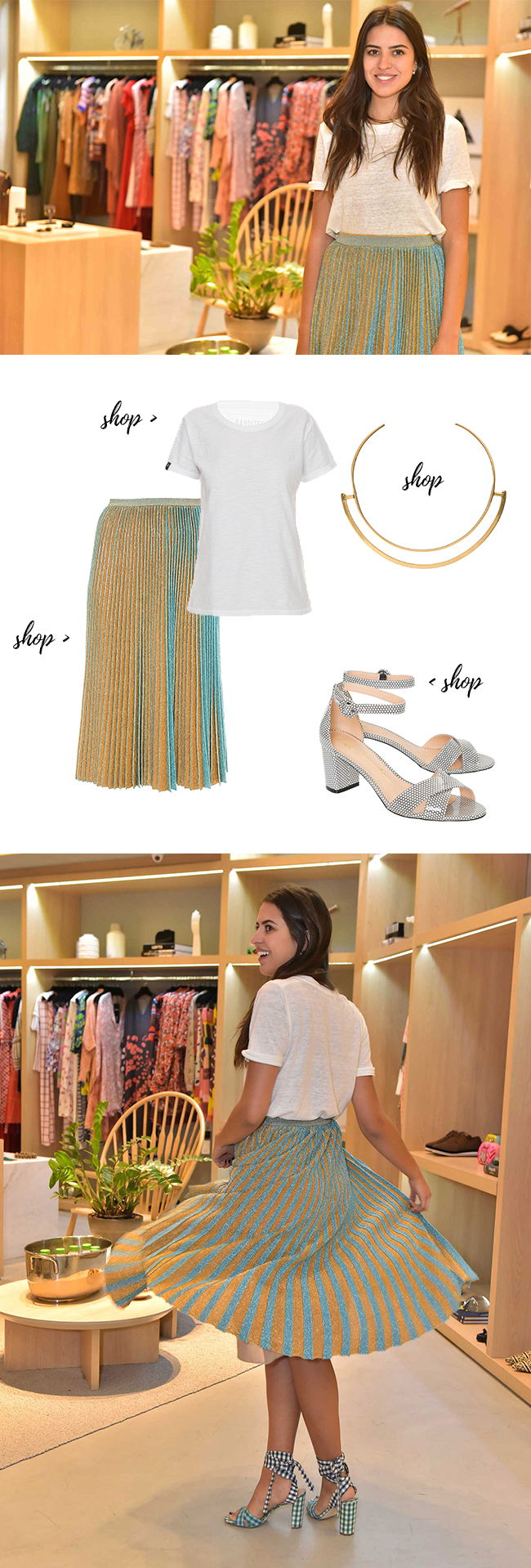 get the look amanda cassou com saia gig e t-shirt banditee à venda no gallerist blog & shop