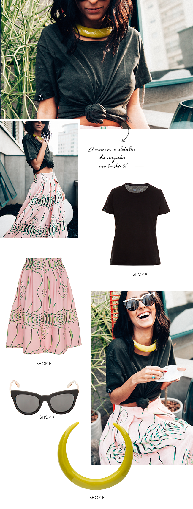 fran monfrinatti com look gallerist camiseta banditee, colar cine 732, saia mídi lucas magalhães