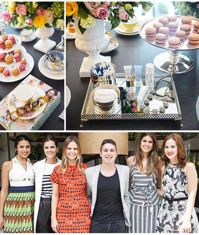 detalhes da mesa com mimos sisley, convidados e amanda cassou, fernanda cassou, vic ceridono, carol cassou, mariana cassou no brunch de lançamento do livro dia de beauté no nomaa hotel em curitiba