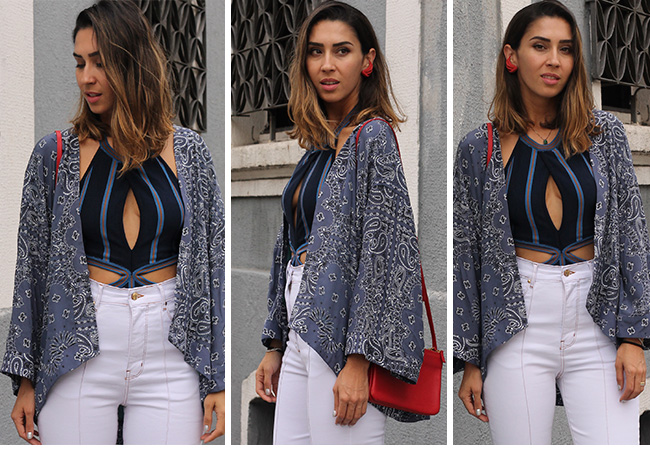 Dani Mello usa calça flare Amapô, com body e kimono Cris Barros