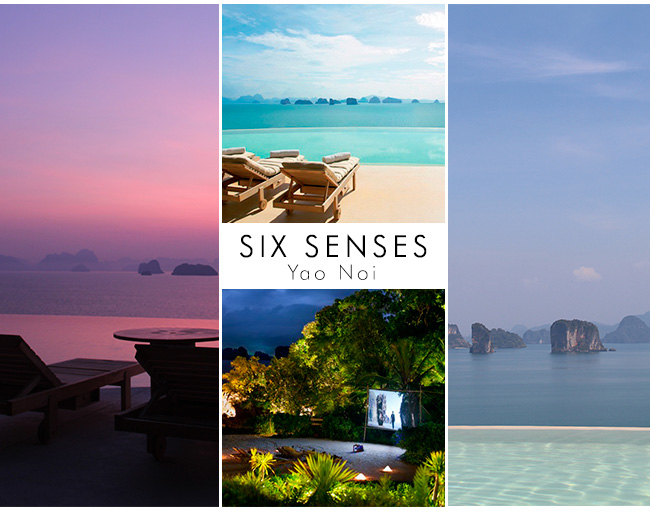 Imagens Six Senses juntas. Mix de paisagens de praia e evento noturno.