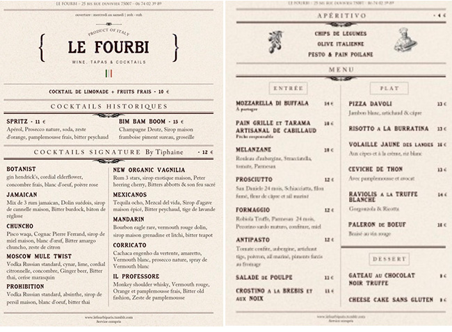 cardápio do restaurante le fourbi em paris