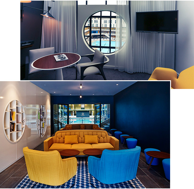 fotos dos quartos e áreas comuns do hotel molitor em paris